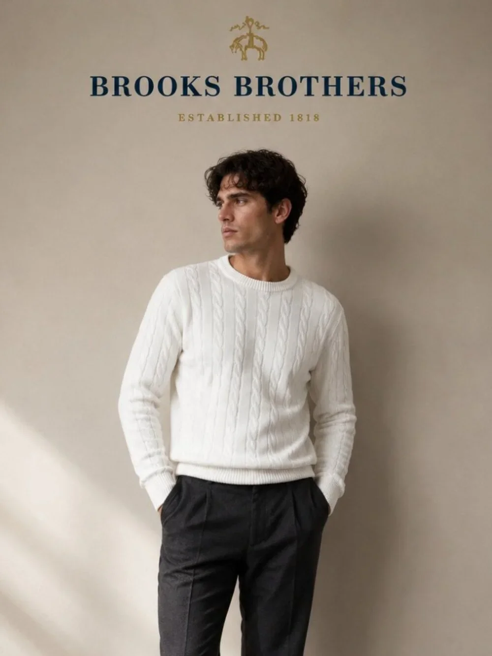 Brooks Brothers Men’s White 100% Cotton Cable Knit Crewneck Sweater Size L
